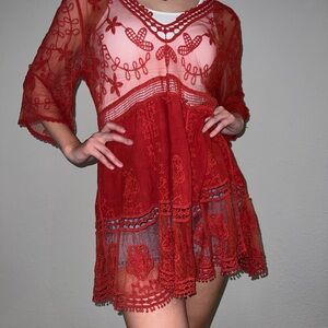 Red Sheer Embroidered Dress